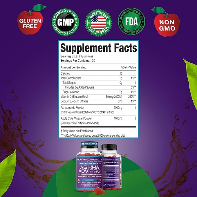 Ashwa ACV Pro Health - Sugar Free Apple Cider Vinegar Gummies with Ashwagandha, Advanced Keto, Stress Relief Supplements with Vitamin D, 1g Carbs Per Gummy (60 Count)