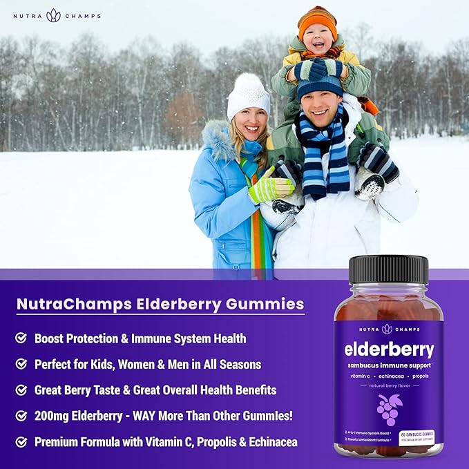 NutraChamps Elderberry Gummies with Vitamin C, Propolis & Echinacea - Immune System Support Gummy Vitamins for Adults & Kids - Max Strength 200mg Sambucus Antioxidant