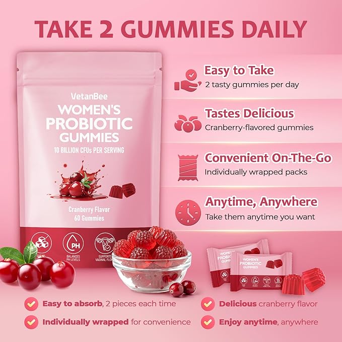 Women Probiotic Gummies for Women – Digestive & Feminine Balance Support, Gut Health, Debloat, with Prebiotics & Cranberry, Vegan, Gluten Free, Non-GMO – 60 Gummies