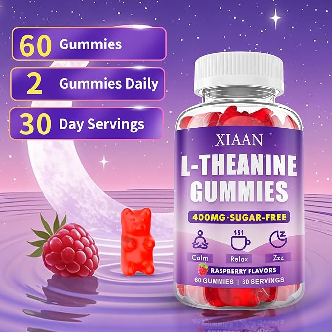 L-Theanine Gummies for Kids & Adults, L'Theanine 400mg Chewable L Theanine Supplement for Calm, Zzz & Relaxation Support, Vegan, Organic, Raspberry Flavor, 60 Counts