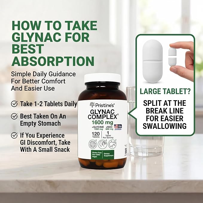 PRISTINE'S Supplement GlyNAC Complex Large Size Tablet 1600MG Glutathione Production - 3rd Party Tested Anti Aging, Sleep & Cognitive Support - Glycine & NAC Gluten Free Non GMO USA Made Glass Bottle