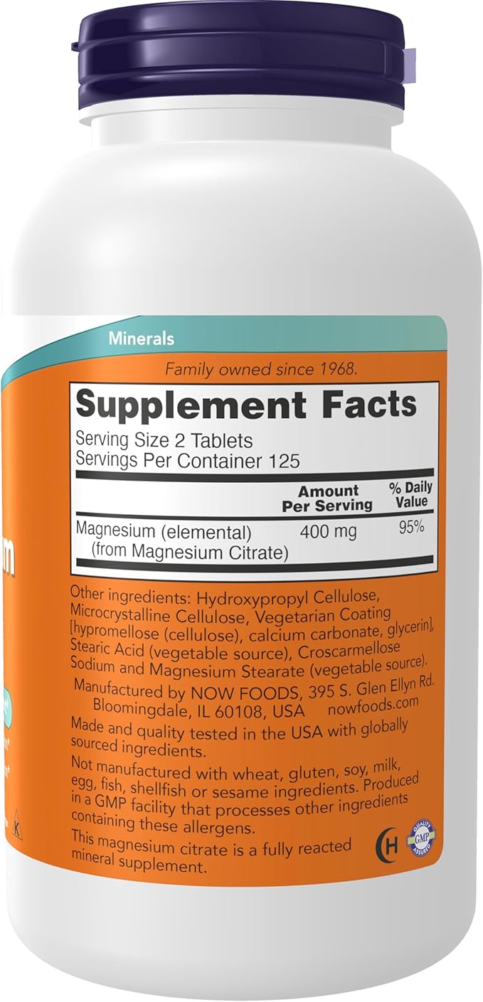 Now Supplements,Magnesium Citrate 200 mg,Enzyme Function*,Nervous System Support*,250 Count (Pack of 2)