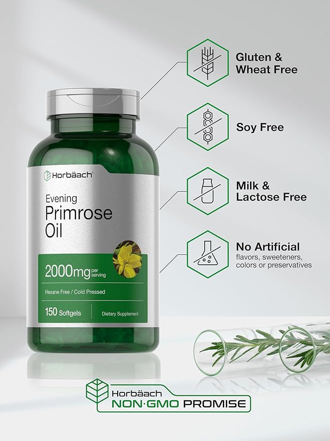 Horbäach Evening Primrose Oil Softgels | 2000 mg | 150 Pills | Cold Pressed, Hexane Free Supplement with GLA | Non-GMO, Gluten Free