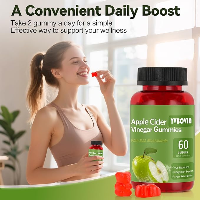 Apple Cider Vinegar Gummies with B12, ACV Supplement Gummy Vitamins,Gluten Free, Vegan, Non-GMO (60)