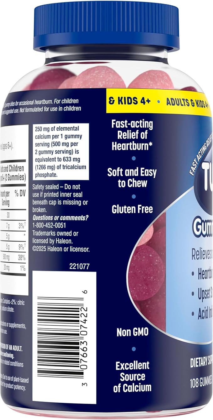 TUMS Gummy Bites Dietary Supplement for Occasional Heartburn Relief, Upset Stomach and Acid Indigestion, Cherry Berry Burst - 108 Count