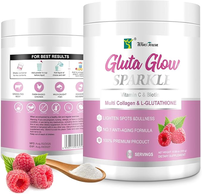 Multi Collagen&L-Glutathione Powder–Hydrolyzed Peptides with Vitamin C&Biotin–Supports Skin Brightness, Hydration&Natural Glow–30 Servings