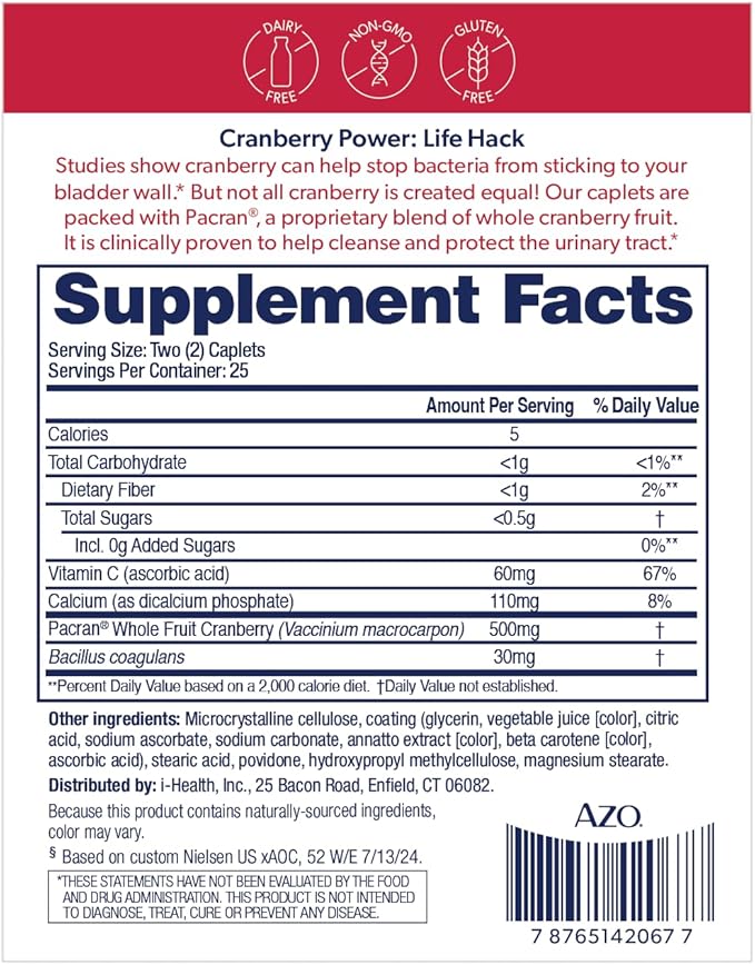 AZO Cranberry Pills for Urinary Tract Health for Women and Men, Adult Cranberry Supplement, Sugar-free, Non-GMO, 50 Caplets