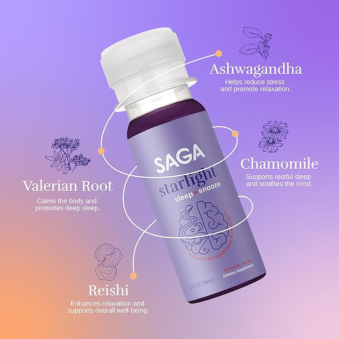 SAGA Starlight Organic Sleep Shots – Natural Sleep Aid with Melatonin, Reishi, Valerian Root, Ashwagandha, Chamomile – Sugar-Free, Vegan, Zero Calories, Plant-Based Sleep Support, Travel Size (2Fl Oz)