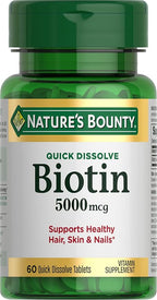 Nature's Bounty Biotin, Supports Metabolism for Cellular Energy and Healthy Hair, Skin, and Nails, 5000 mcg, 60 Quick Dissolve Tablets
