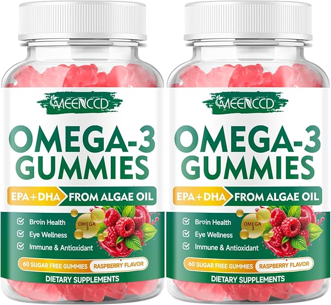 2 Pack Omega-3 Gummies 1000mg, Omega 3 Fish Oil Alternative for Adults, Algae-Based DHA 600mg & EPA 300mg + Vitamins A, C, E, Zinc, Supports Overall Wellness, Raspberry Flavor, 120 Count