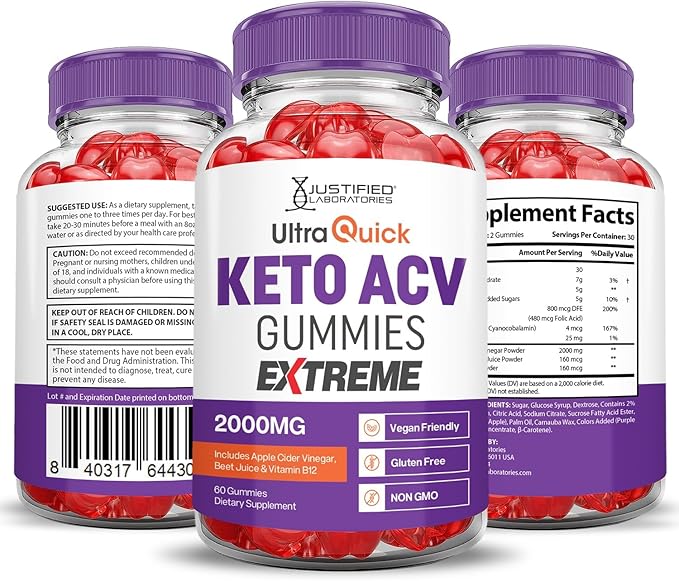 Justified Laboratories (5 Pack Ultra Quick Keto ACV Gummies Extreme 2000MG Ultraquick Keto Gummies Apple Cider Vinegar Formulated with Pomegranate Beet Juice Powder B12 Vegan Non GMO 300 Gummys