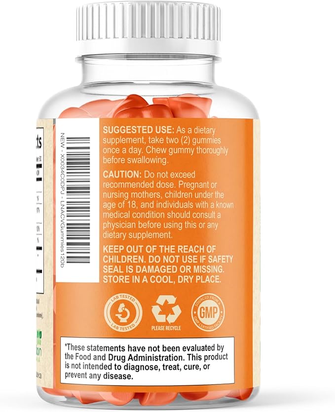 Apple Cider Vinegar Gummies - Sugar Free - Apple Cider Vinegar Powder 1000mg Per Serving - Max Strength ACV Gummy Vitamins - B12 & The Mother - Metabolism & Energy Support - Keto & Vegan - 120 Gummies