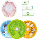 INVODA Weekly Pill Organizer 7 Compartment Rotating Pill Box for Daily Medication & Vitamins - Portable Travel Pill Case Fish Oil Supplements Vitamins Organizer (Green+Sky Blue+Orange)