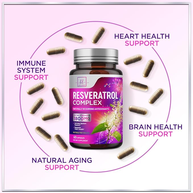 Resveratrol Blend 1800mg per Serving Supplement - Extra Strength Antioxidant Complex for Healthy Aging & Immune Support, Heart Health & Energy Support, Bioavailable Trans-Resveratrol - 60 Capsules