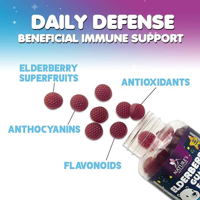 Kids Immune Support Elderberry Gummies - Daily Children's Vitamins C, Zinc & Kids Support Gummy - Nature's Sambucus Elderberry Supplement, Vegan, Gluten-Free, Tasty Berry Flavor - 120 Gummies