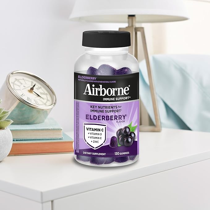 Airborne Elderberry + Zinc & Vitamin C Gummies for Adults,Immune Support with Antioxidants Vitamins C,D & E,Elderberry Flavor,130 Count (Pack of 2)