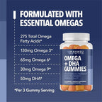 Omega 3 6 9 + DHA Gummies for Adults - Plant-Based Fish Oil Alternative with Chia Seed Oil and Algae - Support Brain and Immune Function - Lemon and Orange Flavors - Vegetarian Friendly - 60 Count