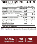 Iron Supplement for Women & Men, 65mg Ferrous Bisglycinate Chelate, Slow Release Iron with Vitamins A C E B6, B12, Folate, Organic Spinach & Beet Root Powder, for Blood Flow & Energy Support, 90 Caps