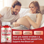 Iron Supplement Gummies for Women, Men & Kids, 65mg Iron & 250mg Vitamin C per Serving - Healthy Blood, Energy & Immune Support Iron Vitamin Gummy with Folate, 2 Pack