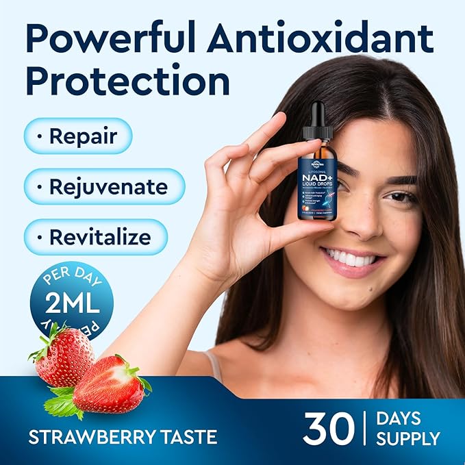 Liposomal NAD+ Liquid Supplement, Nad Resveratrol Supplement for Women & Men, Nicotinamide Riboside with PQQ, CoQ10, Quercetin for Anti-Aging, Brain, Cellular Energy Health, Strawberry Flavor, 2 Fl Oz