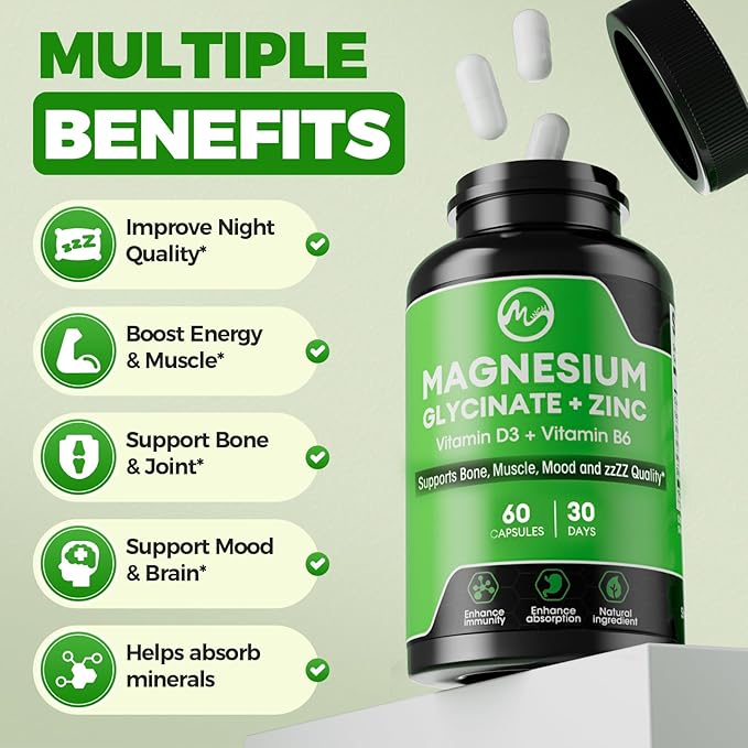 (2 Pack) Magnesium Glycinate Capsules, Magnesium Supplement with Zinc, Vitamin D3 & B6 - Highly Bioavailable and Absorption - Bone, Heart, Joint, Immune Support, 120 Vegan Capsules