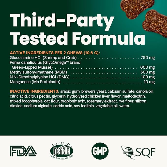 VetriScience Healthy Hip & Joint Chews, GlycoFlex Glucosamine and Green-Lipped Mussel Mobility Support Supplement for Dogs, Promote Play and Protect Joints, Chicken, 60 Count