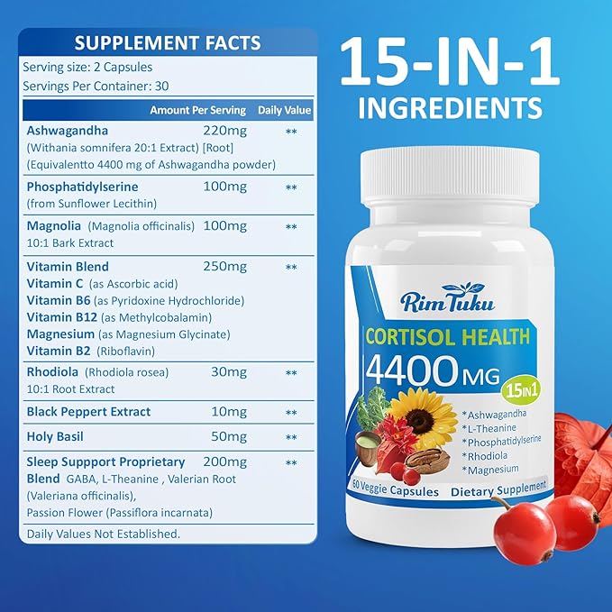 Cortisol Supplements for Women & Men -15-in-1 Cortisol Detox for Women, Cortisol Manager & Reducer with Ashwagandha, Rhodiola Rosea Supports Stress Relief, Adrenal Balance, 120 Capsules