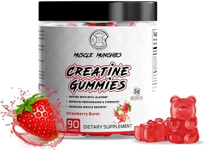 Muscle Munchies Creatine Chewable Gummies for Men & Women-Infused with Beta Alanine-5g of Creatine Per Serving-Increases Strength, Endurance, & Recovery-Vegan, NonGMO (Strawberry Burst)