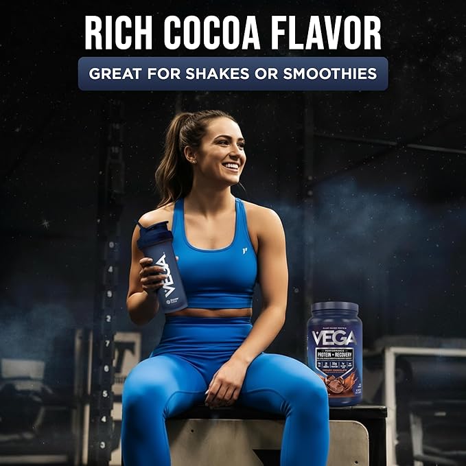 Vega Sport Vegan Protein Powder + Recovery - 30g Plant Based Protein per Serving, Chocolate, 19 Servings, 5g BCAAs, Probiotics, NSF Certified, for Shakes & Smoothies, 1.8lbs (Packaging May Vary)