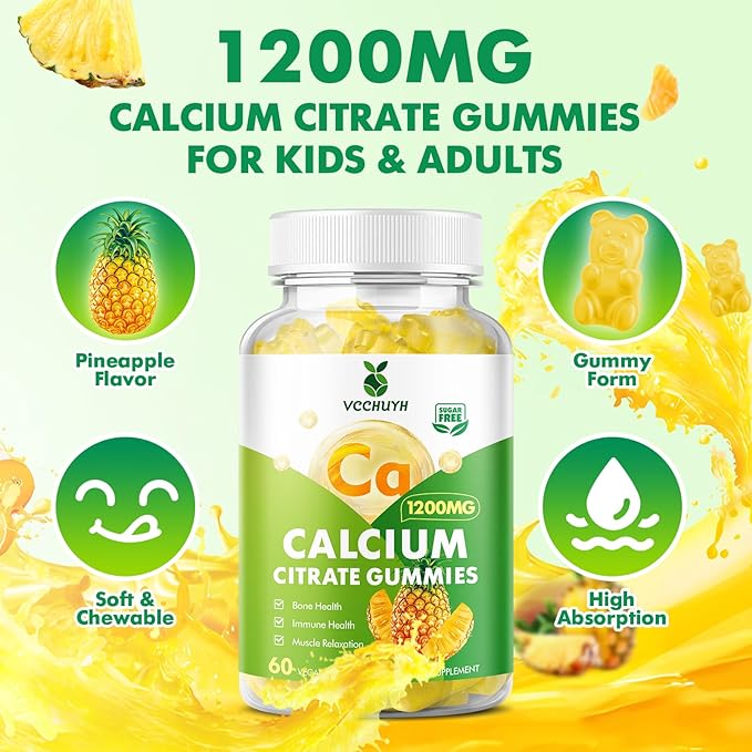 Calcium Citrate Gummies 1200 mg, Sugar Free Calcium Gummies for Adults & Kids, Chewable Calcium Supplements for Women, Bone & Immune Support, Pineapple Flavor 120 Count