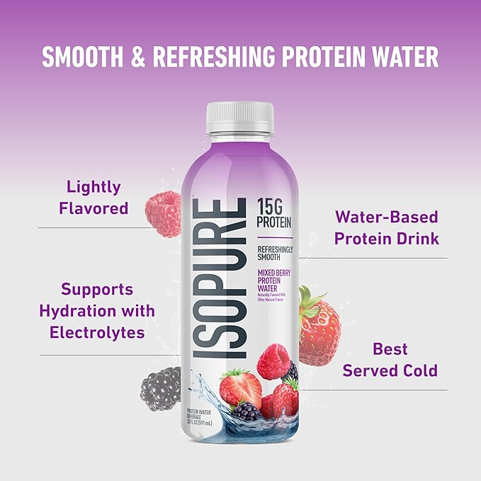 Isopure Clear Protein Water with Electrolytes, 15g Whey Protein Isolate, Zero Sugar, Mixed Berry, 20 fl oz Bottles, 12-Pack