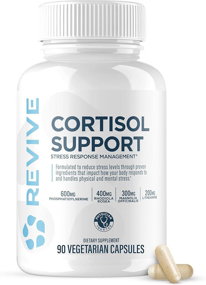 Revive MD Cortisol Manager, 90 Vegetarian Capsules - Cortisol Supplement w/Magnesium & L-Theanine Support Health, Focus, Energy, Fatigue, & Adrenal Gland Function - Vegan & Gluten-Free (30 Servings)