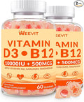 WEEVIT Vitamin D3 B12 Gummies, Vitamin D 10000IU & 500mcg Methyl B12 with Vitamin A, C, K, Calcium, Magnesium, Zinc for Women & Men, Support Eye, Bone, Energy