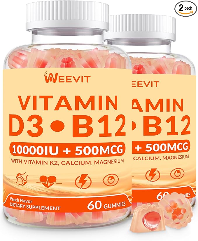 WEEVIT Vitamin D3 B12 Gummies, Vitamin D 10000IU & 500mcg Methyl B12 with Vitamin A, C, K, Calcium, Magnesium, Zinc for Women & Men, Support Eye, Bone, Energy