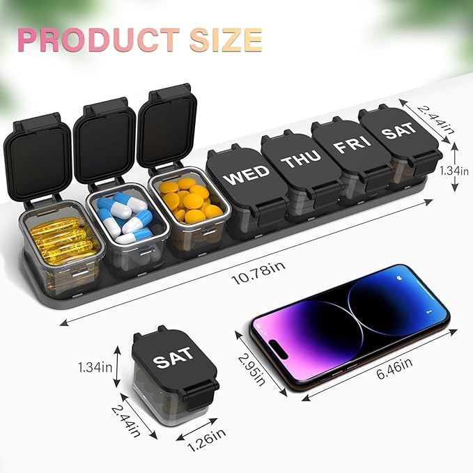 2-Pack Extra Large Weekly Pill Organizer - XL Vitamin Holder with 7 Detachable Compartments, Portable Medicine Pill Organizer for Supplements, Daily Pill Case for Home and Travel