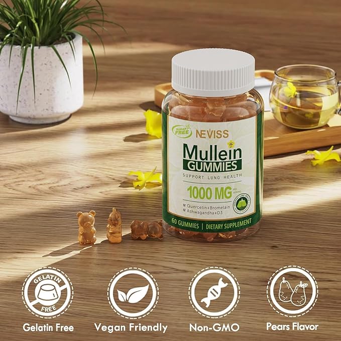 NEVISS Mullein Gummies for Lungs, Organic Mullein Leaf Extract 1000mg for Respiratory System with Quercetin & Bromelain, D3 for Digestive Support, Immune Booster, Sugar Free, Vegan, 120 Count