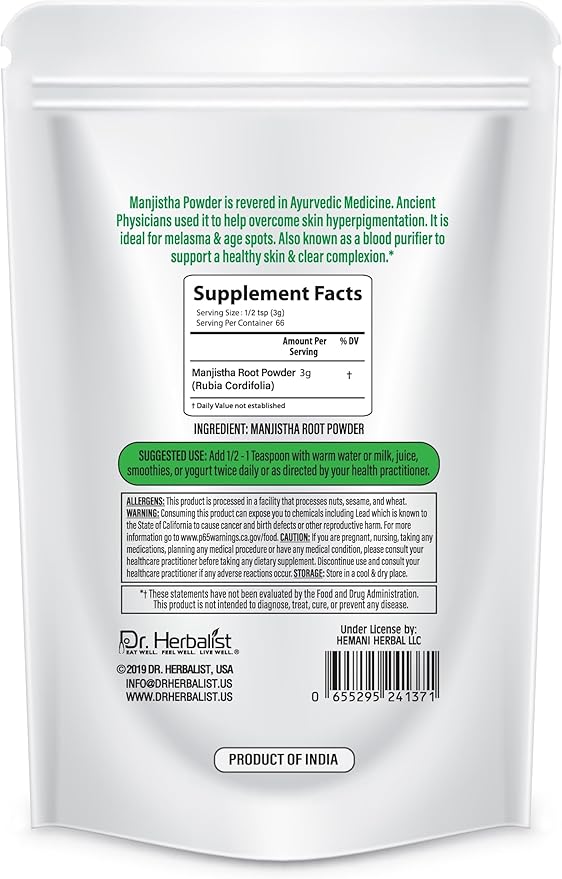 Dr. Herbalist Manjistha Root Powder (200g) - 100% Natural Indian Madder for Skin, Hair & Wellness, Vegan, Promotes Radiant Complexion & Healthy Hair