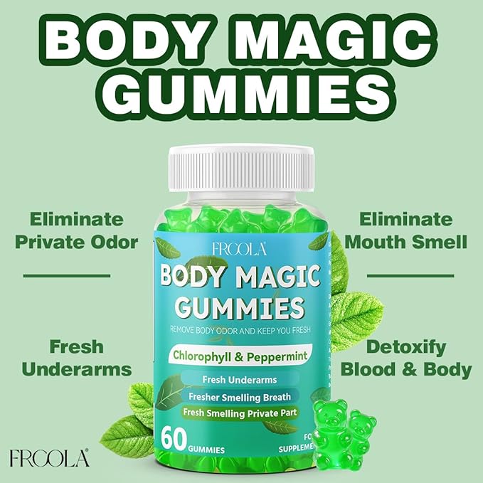 Body Magic Gummies, Chlorophyll Supplement with Peppermint & Chlorella - 60 Gummies, Lychee Flavor, Plant-Based Pectin, Supports Overall Wellness & Freshness