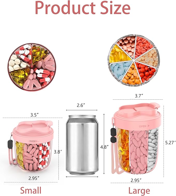 Large Pill Organizer,Supplement Organizer for 7 Different Vitamins,Pill Dispenser with Anti-Mixing Design,Easy to Retrieve Meds,Includes 20 Pcs Labels,Travel Pill Organizer(Pink)