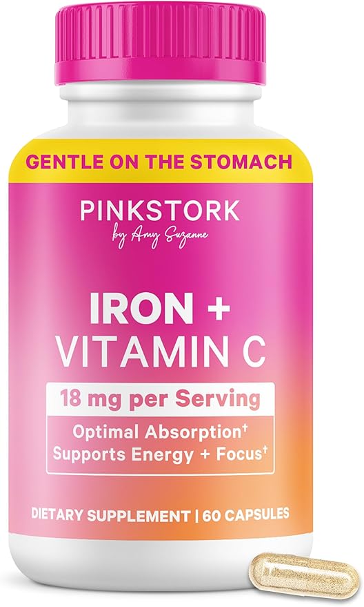 Pink Stork Iron for Women – 18 mg Non-Constipating Iron Bisglycinate + Vitamin C for Optimal Absorption – Energy, Focus, & Oxygen Supply – PMS, Pregnancy, Postpartum & Perimenopause - 60 Capsules