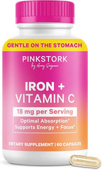 Pink Stork Iron for Women – 18 mg Non-Constipating Iron Bisglycinate + Vitamin C for Optimal Absorption – Energy, Focus, & Oxygen Supply – PMS, Pregnancy, Postpartum & Perimenopause - 60 Capsules
