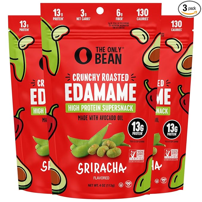 The Only Bean Crunchy Roasted Edamame Snack (Sriracha), High Protein Snacks (13g) Healthy Protein Chips, Keto Friendly Food (2g Net), Plant-Based Vegan Snacks, Office Snacks, Spicy Snack, 4oz (3 Pack)