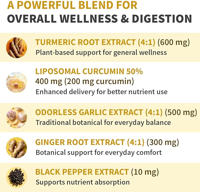 Liposomal Turmeric - High-Absorption Curcumin Supplements, Non-GMO Blend for Digestive Comfort & Daily Support - Organic Turmeric Supplement with Black Pepper (120ct, Pack of 4)