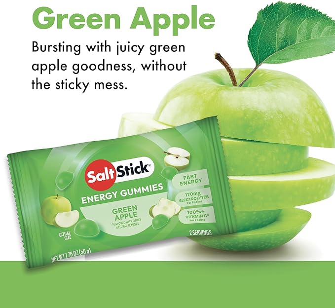 SaltStick Energy Gummies with Electrolytes, Green Apple, Easy to Chew, 10 Packs, 80 Gummies