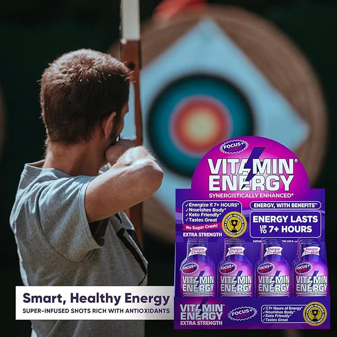 Vitamin Energy Focus+ Extra Strength Energy Shot Berry 12 Pack, 260mg Natural Caffeine, B-Vitamins, CoQ10, Amino Acids, Focus, Productivity & Clarity, Zero Sugar, Gluten-Free, 1.93 fl oz