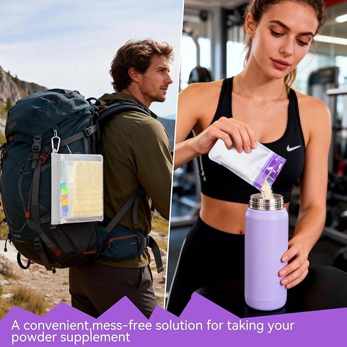 55 PCS Protein Powder Travel Container Set, Reusable Supplement Pouches with 14 Single-Dose Bags, 3 Large Zip Bags&30 Disposable Bags, Portable Storage with Funnel&Scoop for Gym, Travel, and Work