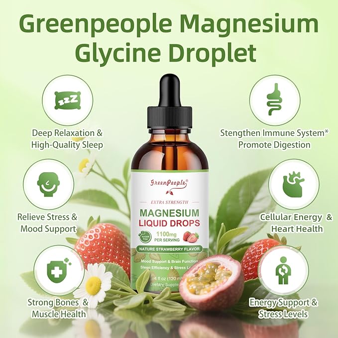 GREENPEOPLE Magnesium Glycinate Liquid Drop - 17-in-1 4Fl. Oz Triple Magnesium Complex Supplement with Glycinate 400mg & Citrate 500mg Taurate/L-Theanine for Calm Mood/Muscle/Sleep,Strawberry Flavor
