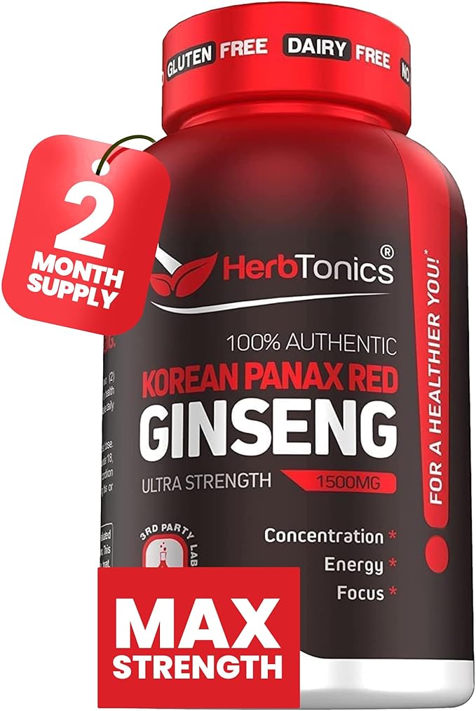 Herbtonics Korean Red Panax Ginseng 1500mg - Energy Supplement for Peak Performance, Focus & Vitality - High Potency Ginseng Root Extract - 120 Vegan Capsules