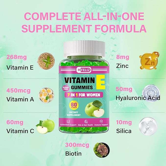 Vitamin E Gummies for Women – 400 IU (268mg) Vitamin E Supplements with Biotin & Hyaluronic Acid for Skin, Hair & Nails – Sugar Free, Vegan, Non-GMO – 60 Count