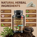Wormwood Black Walnut Clove Cleanse for Humans - Natural Gut Cleanse & Digestive Health with Pumpkin Seed Garlic Oregano Neem Papaya Turmeric Diatomaceous Earth Probiotic Supplement Vegan Capsules